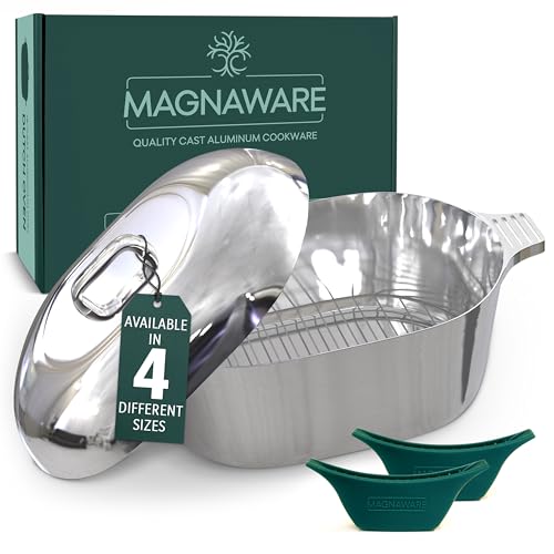 MAGNAWARE Cast Aluminum Oval Dutch Oven with Lid - 10 QT Heavy Duty & Lightweight Roaster Pan with Rack & Silicone Cover Dual Handles — Cajun Cookware for Roasting, Baking, Cooking (15″ - Large)