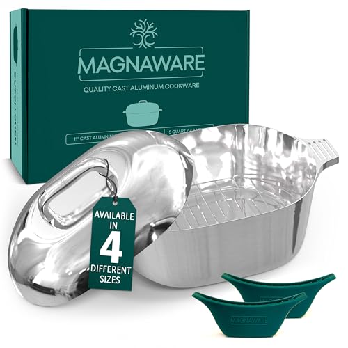 MAGNAWARE Cast Aluminum Oval Dutch Oven with Lid — 5 QT Heavy Duty Roaster Pan with Rack & Silicone Cover Dual Handles — Cajun Cookware for Roasting, Baking, Cooking (11″ Small)