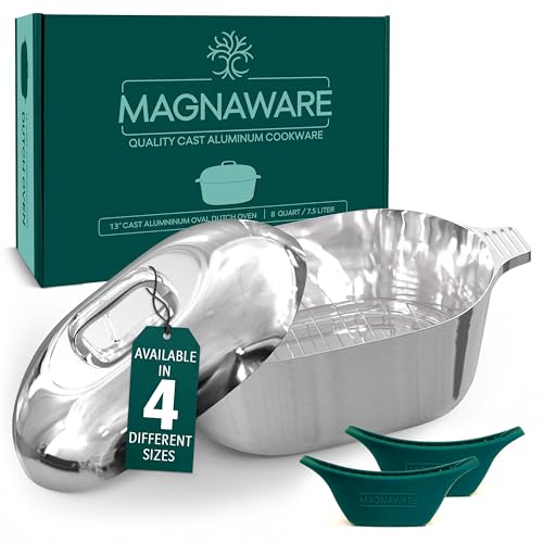 MAGNAWARE Cast Aluminum Oval Dutch Oven with Lid — 8 QT Heavy Duty Roaster Pan with Rack & Silicone Cover Dual Handles — Cajun Cookware for Roasting, Baking, Cooking (13″ Medium)