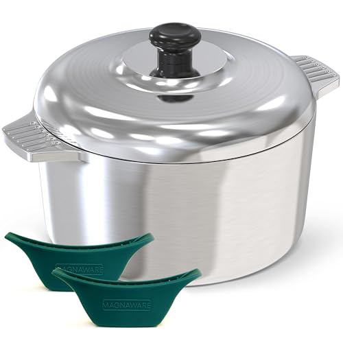 Magnaware Cast Aluminum Dutch Oven with Lid - 5 Quart Lightweight Cookware Pot with Silicone Covers for Easy Handling - Even Heat Distribution & Retention - For Bread Baking, Stew, Simmering & More